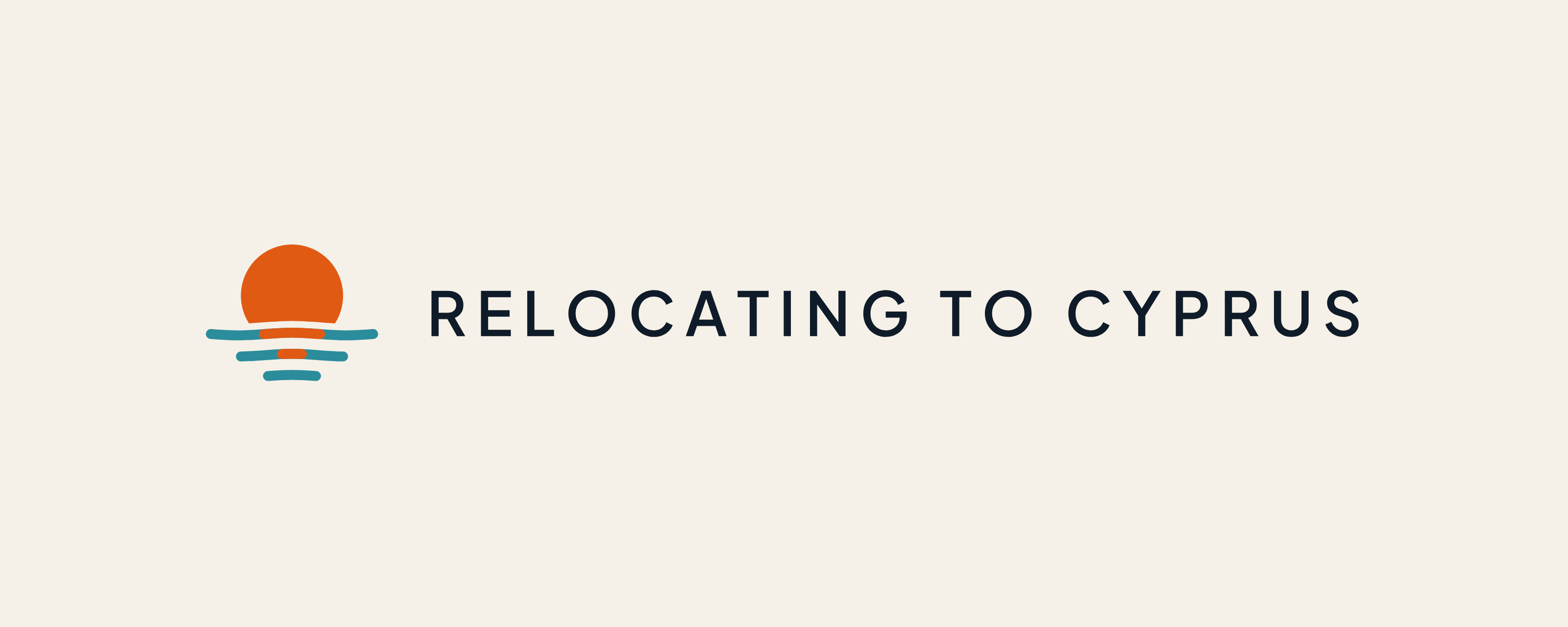 The Relocating to Cyprus logo: an orange sun setting into three sea lines, beside the name in spaced capitals