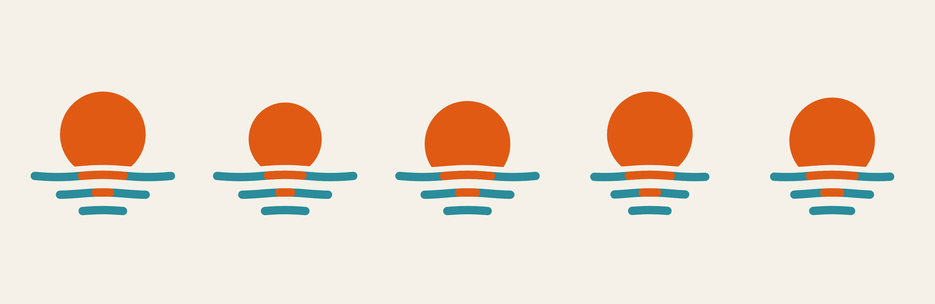Five versions of the mark with the sun at different sizes and depths in the water