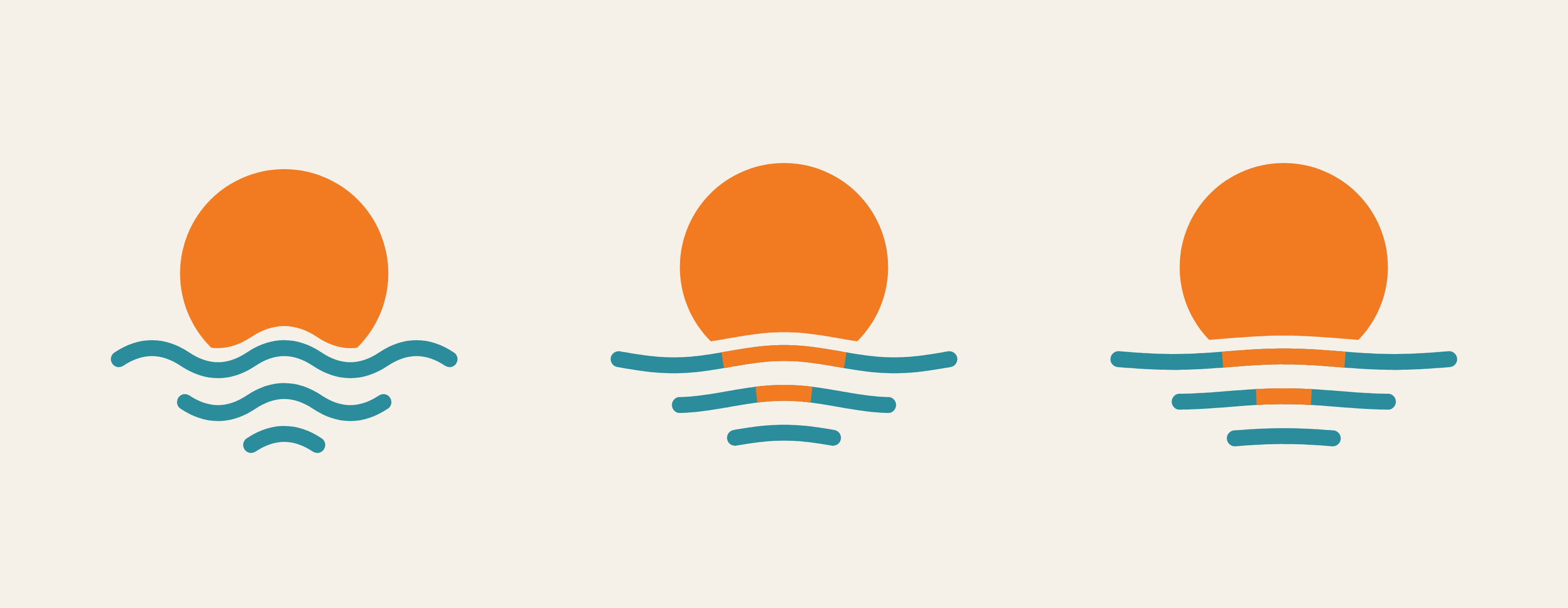 The chosen idea in three stages: wavy sea lines, then gentler lines with an orange reflection, then almost flat lines