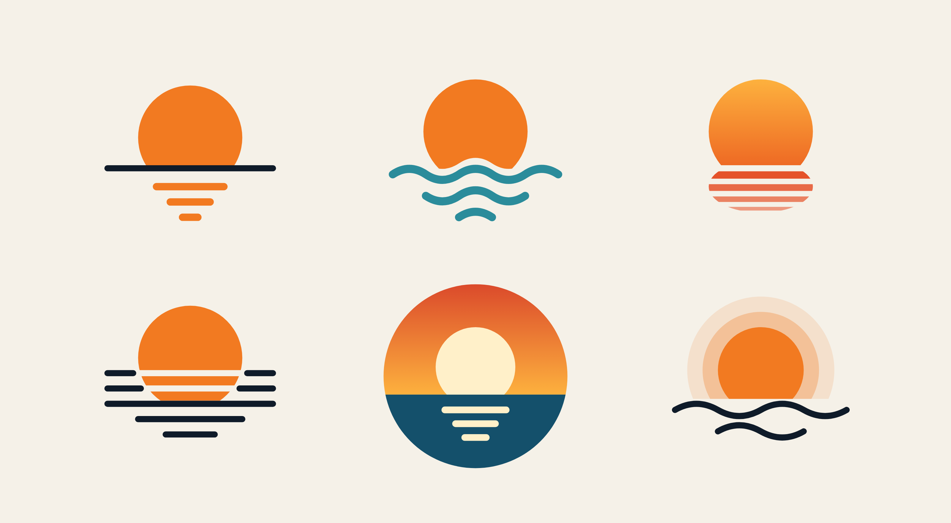 Six first ideas for the mark: a sun on a horizon line, a sun over waves, a sun with a striped reflection, a sun sinking through lines, a round badge and a sun with a soft glow