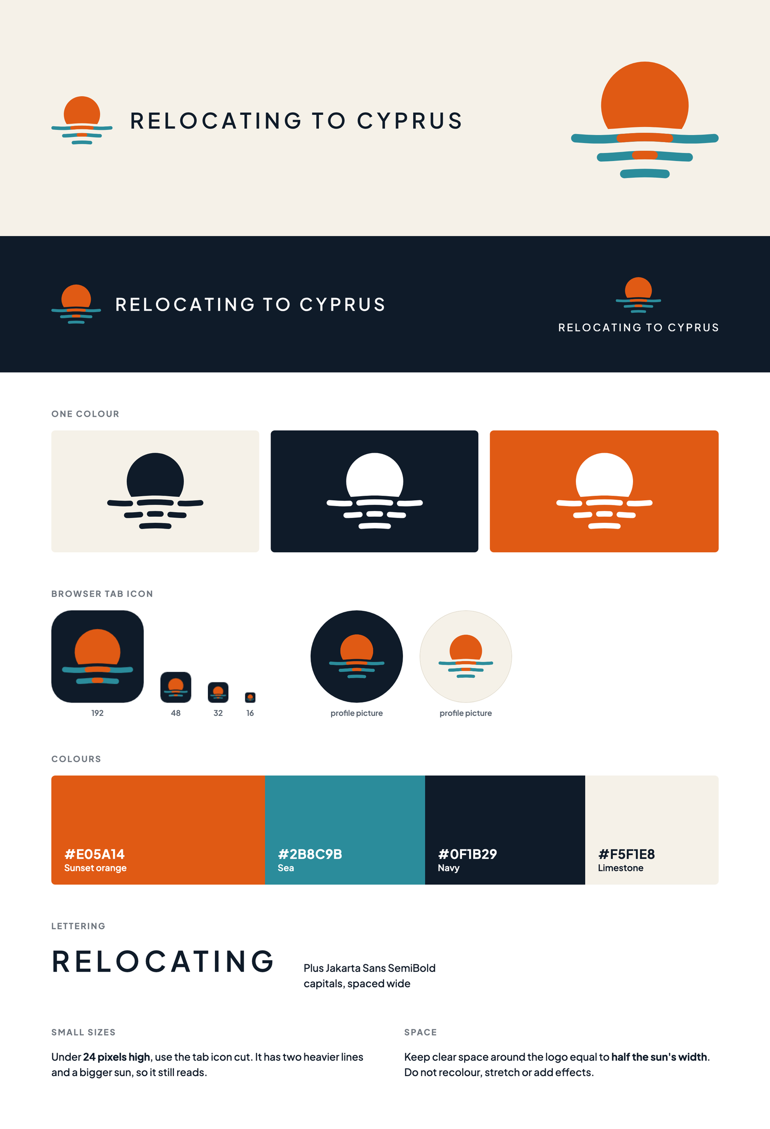 The logo sheet: the logo on cream and on navy, one colour versions, tab icons, four colours with their codes, the lettering and two rules of use