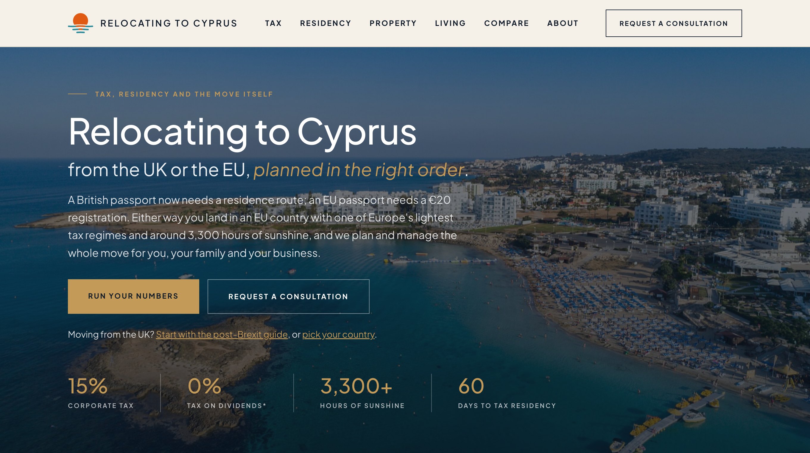 The Relocating to Cyprus home page on a desktop screen with the new logo in the header