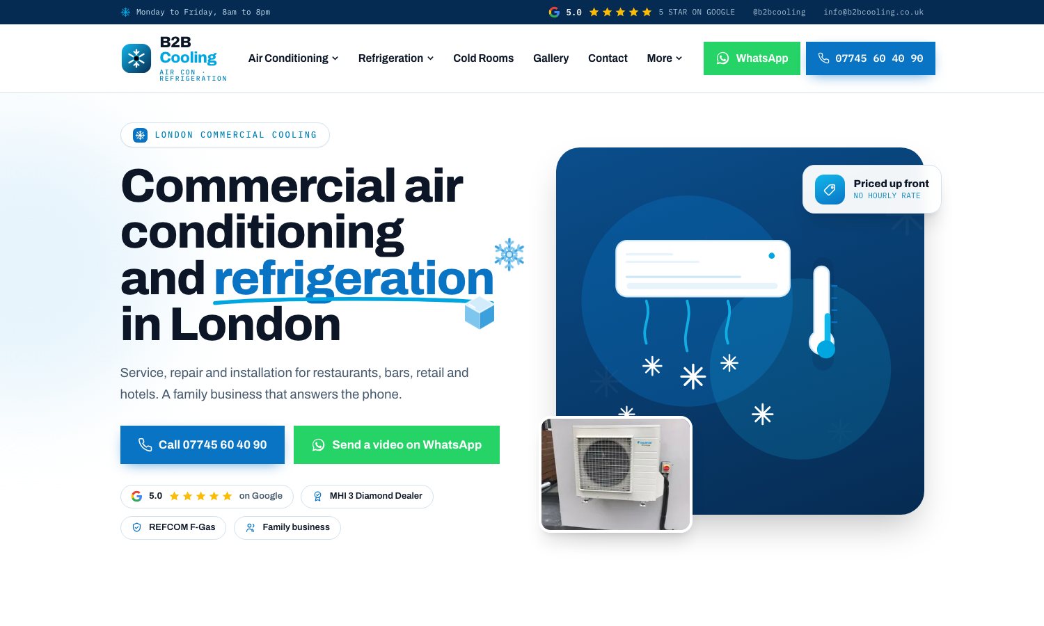 The B2B Cooling redesign: Commercial air conditioning and refrigeration in London, with call and WhatsApp buttons, a Google rating and accreditation badges
