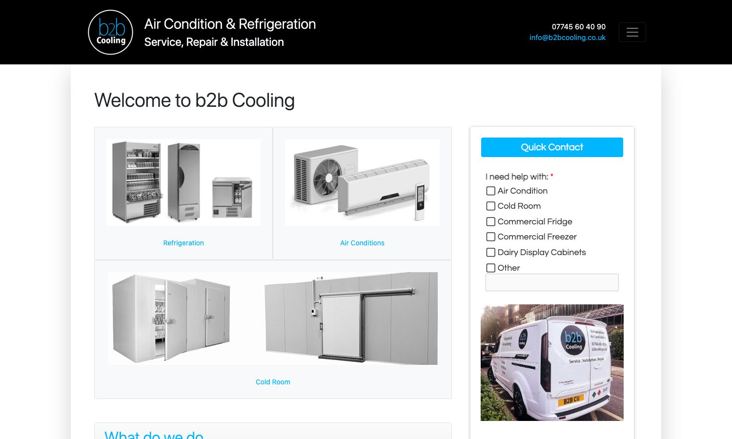 The B2B Cooling website before: Welcome to b2b Cooling over product photographs and a checklist contact form