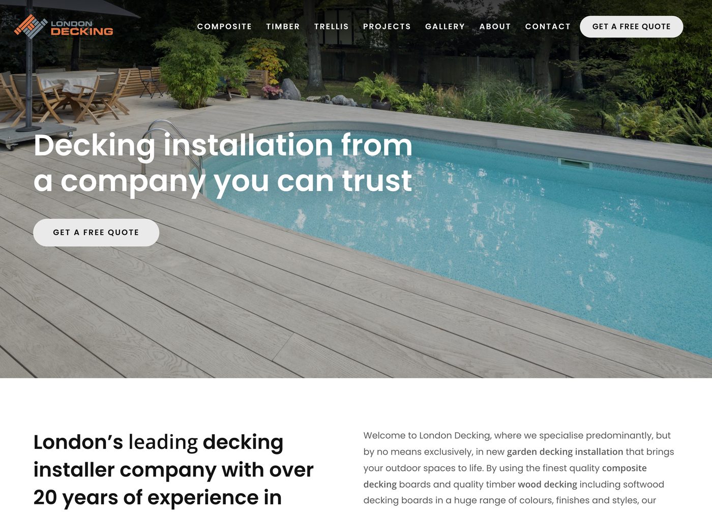 The London Decking website after: a full-width photograph of a deck by a pool, a clear headline and a free quote button