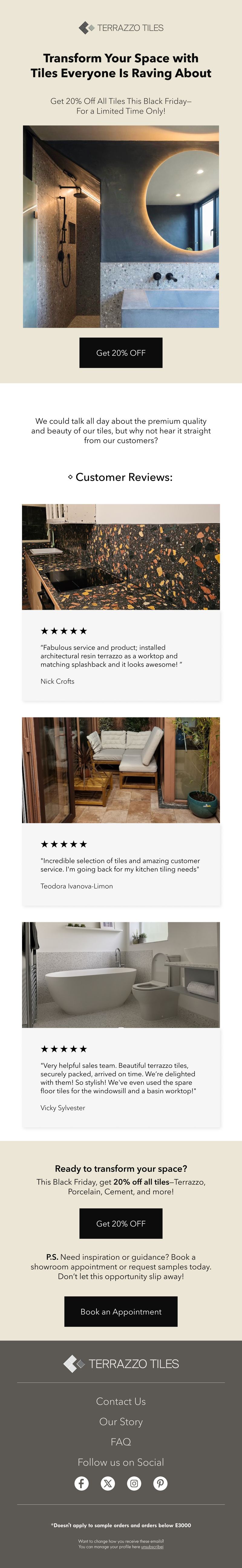 Terrazzo Tiles Black Friday email: a terrazzo bathroom with a round lit mirror, 20% off all tiles, then three five-star customer reviews with photographs of their rooms