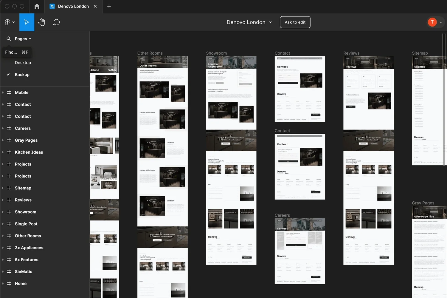 A website design in progress, every page laid out on one board