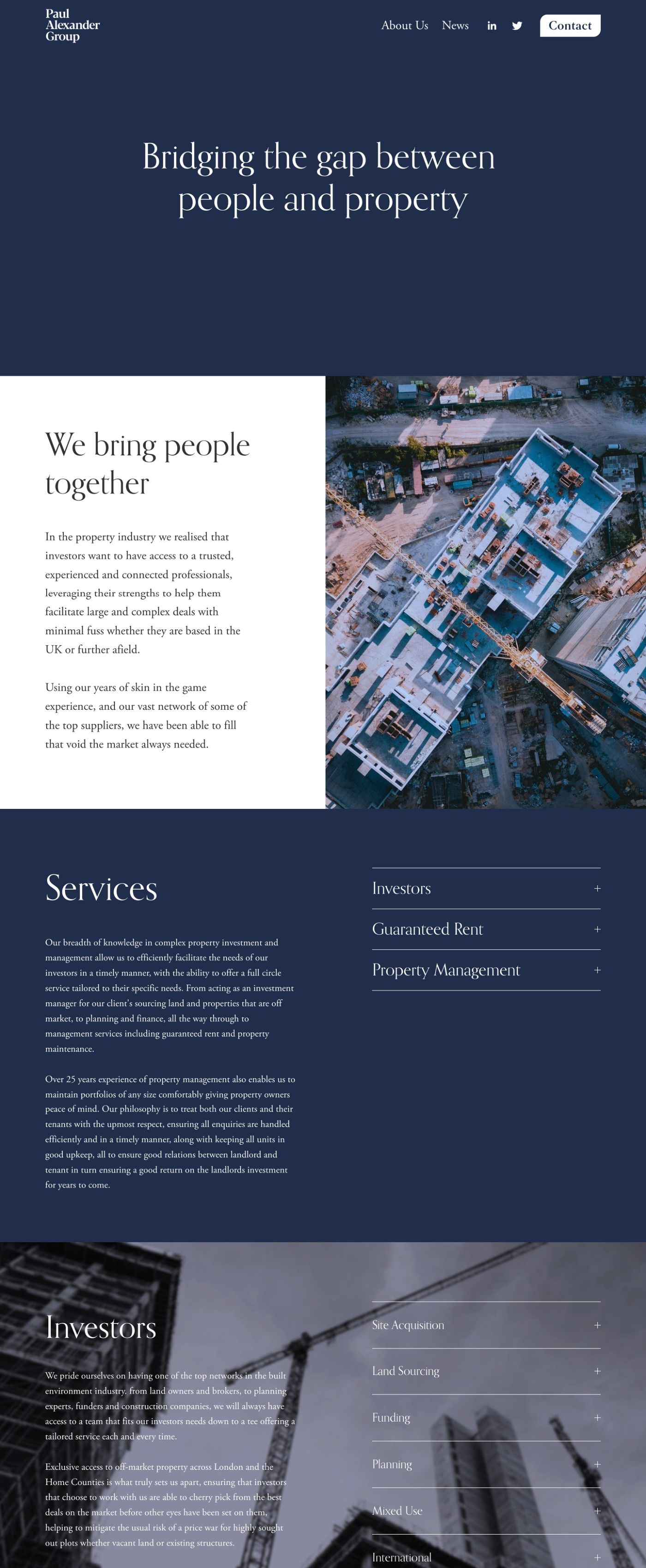 The Paul Alexander Group website we designed: a navy property investment site with aerial construction photography