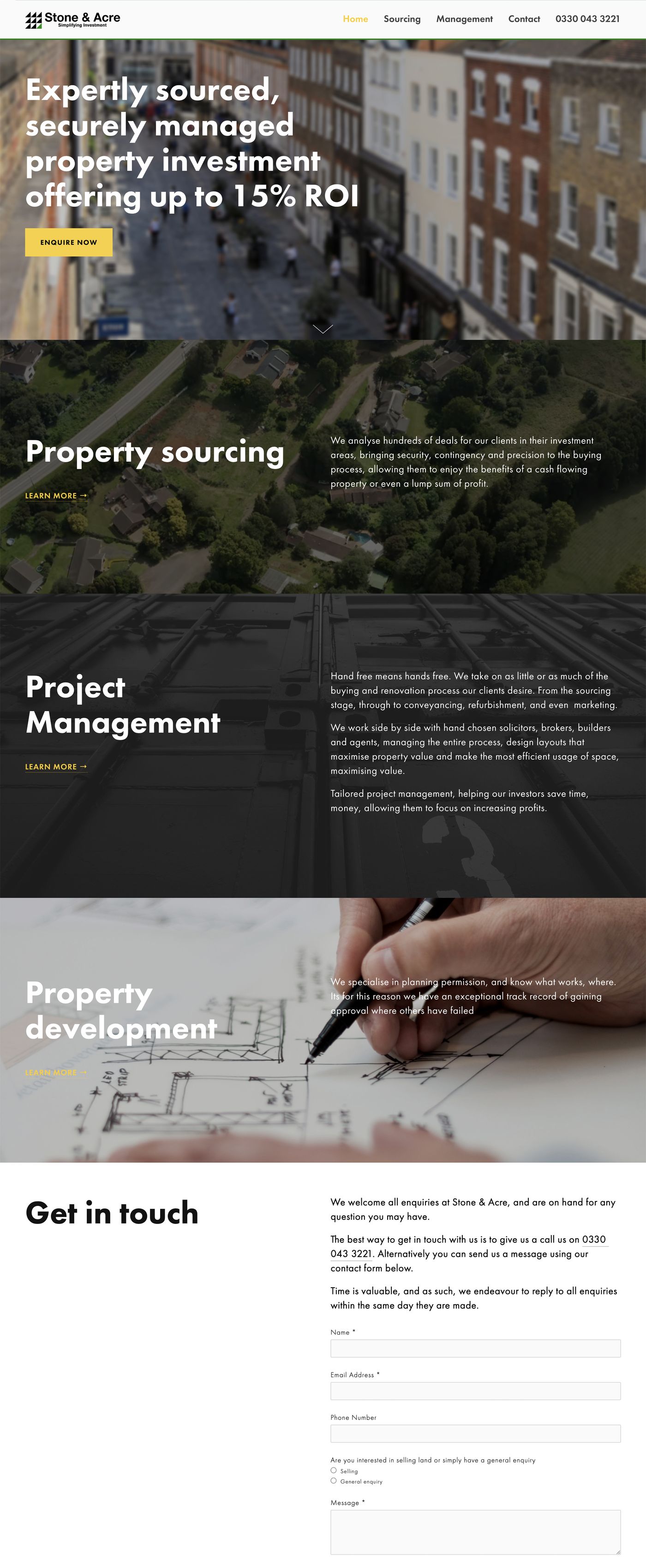 The Stone and Acre website we designed: property sourcing, project management and development, written plainly with a contact form